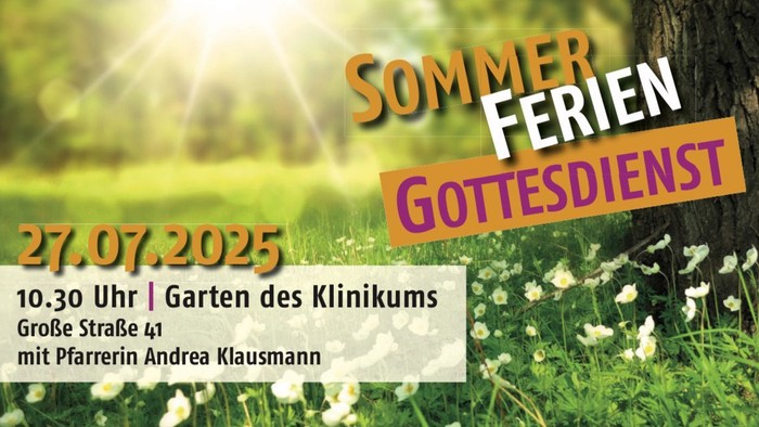 zeigt den Termin den ersten Sommerferiengottesdienst auf einer Blumenwiese in der Sonne