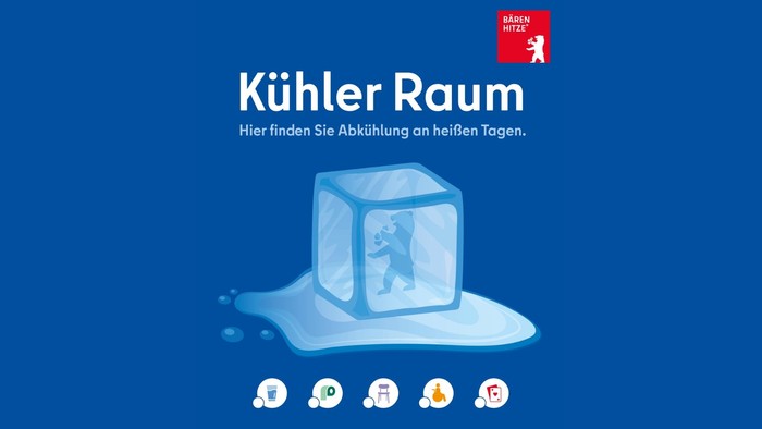 Bär im schmelzenden Eiswürfel umhüllt. Ausstattungsmerkmale, wie Wasserversorgung, Sanitäranlagen, Sitzmöglichkeiten, Barrierefreiheit und Brett- oder Kartenspiele werden dargestellt.