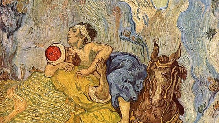 Gemälde von van Gogh. Mann in orientalischer Kleidung wuchtet eine Mann mit nacktem Oberkörper auf ein Maultier. Am Rand des Weges, der in ein Gebirge führt, liegen eine offene Schachtel, leer, und Kleidungsstücke. Auf dem Weg sind in einigem Abstand zwei
