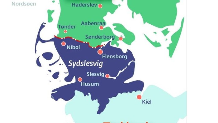 Kort over Danmark, Sydslesvig og Tyskland med markering af større byer