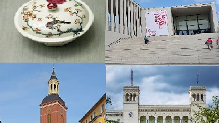 Eine Collage aus einem verzierten Teller, einem modernen Gebäude mit Kunst, einem historischen Backsteinturm und einer prächtigen klassischen Architektur.
