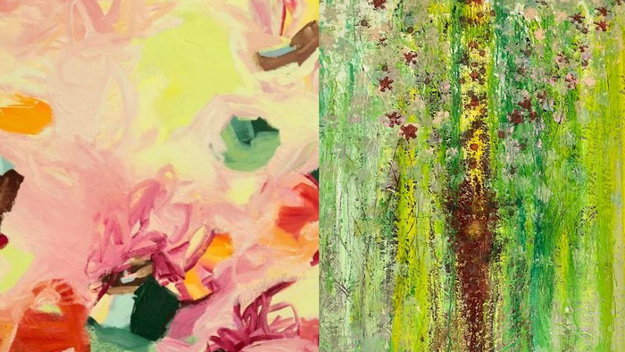Abstrakte Gemälde mit lebendigen floralen Texturen und impressionistischen grünen Waldszenen nebeneinander.