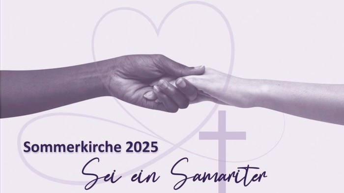 Motto-Bild der Veranstaltungsreihe: Zwei Hände berühren sich, im Hintergrund sind Kreuz und Herz zu sehen. 