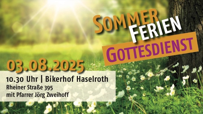 zeigt den Termin des dritten Sommerferiengottesdienstes auf einer Blumenwiese in der Sonne