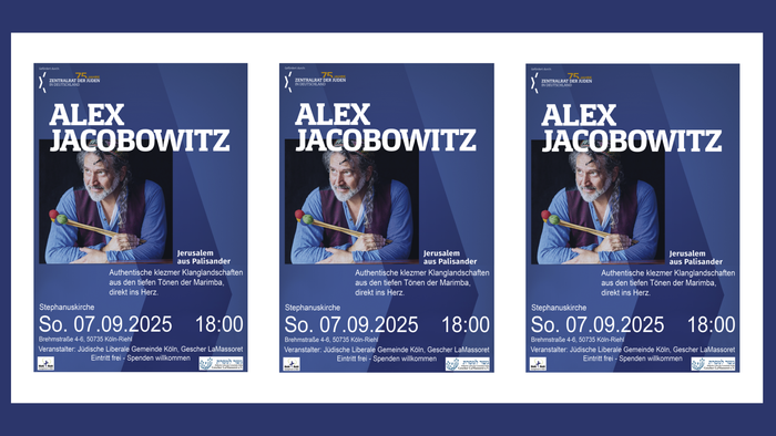 Drei Plakate für eine Veranstaltung mit Alex Jacobowitz am 7. September 2025 um 18:00 Uhr.