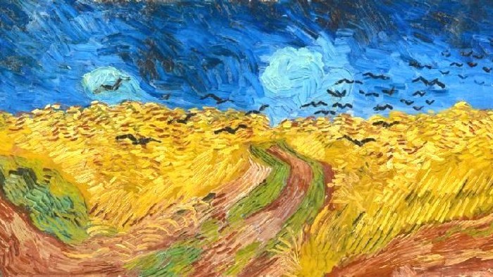 Gemälde eines Weizenfeldes mit Krähen vor blauem Himmel von Vincent van Gogh