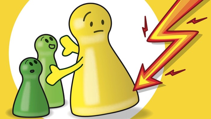 Drei Spielsteine, zwei grüne und einer gelbe, mit Ausrufezeichen als Gesichtern, einer gelber hält einen Hammer und schlägt auf den anderen gelben ein, mit einem Blitz daneben