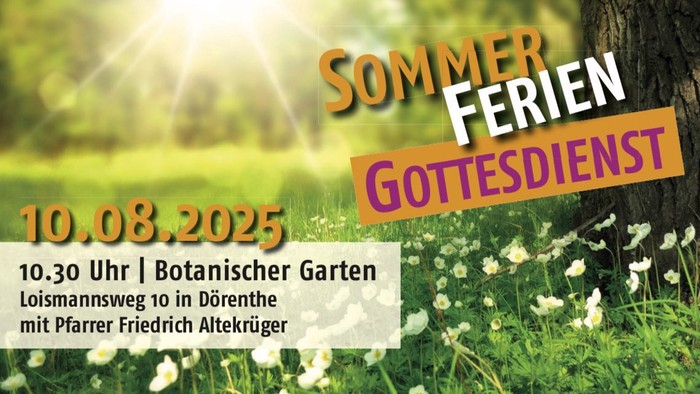 Das Bild zeigt den Termin des vierten Sommerferiengottesdienstes auf einer Blumenwiese in der Sonne