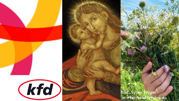 Bild: KFD-Logo, Muttergottesbild, Blumen in der Hand
