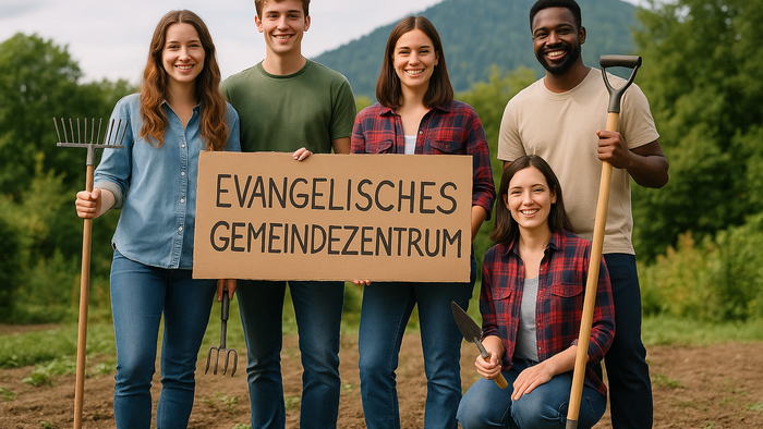 Eine Gruppe von Menschen hält ein Schild mit der Aufschrift "Evangelisches Gemeindezentrum" und posiert mit Gartenwerkzeugen.