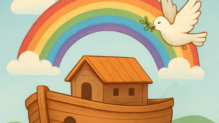 Ein Segelboot schwimmt auf dem Wasser unter einem Regenbogen und einer Taube