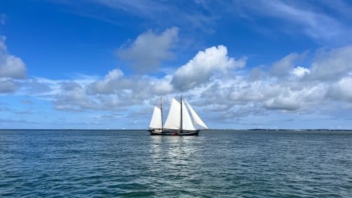 Ein Segelschiff segelt auf dem Meer unter einem klaren blauen Himmel mit flauschigen weißen Wolken.