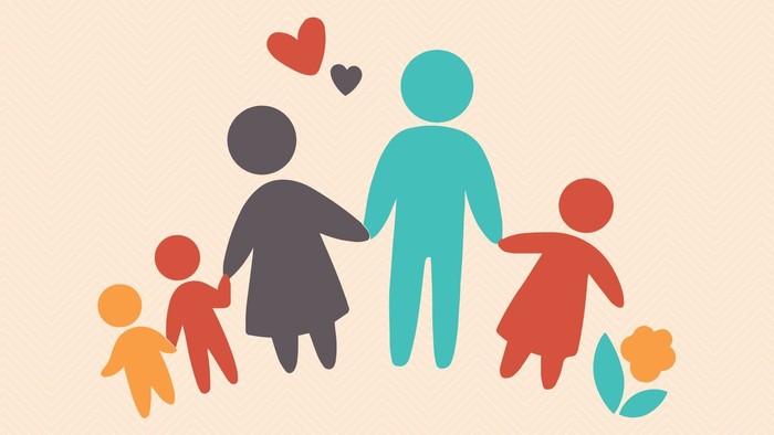 Bunte Illustration einer Familie mit drei Kindern, Herzen und Blume