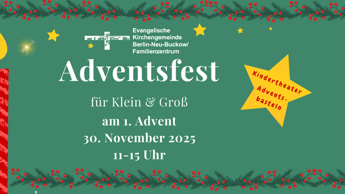 Flyer zum Adventsfest 2025, geschmückt mit einer illustrierten Kerze und Tannengrün. Alle Informationen finden sich identisch im Kalendereintrag.