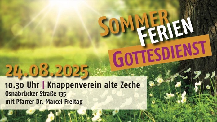 Das Bild zeigt den Termin des sechsten Sommerferiengottesdienstes auf einer Blumenwiese in der Sonne.
