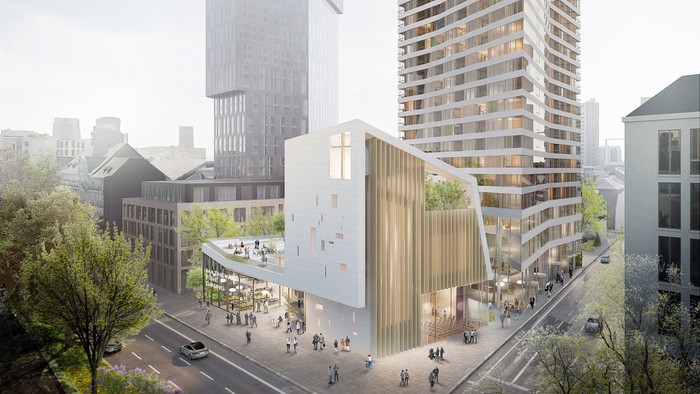 Zwei moderne Wolkenkratzer in belebter Stadtmitte mit klarem Himmel