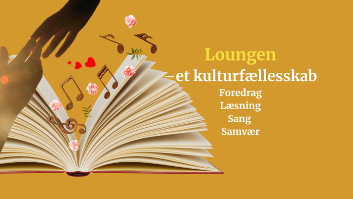 Bog med musikalske symboler og hånd, læsning og sang i guldtonet baggrund