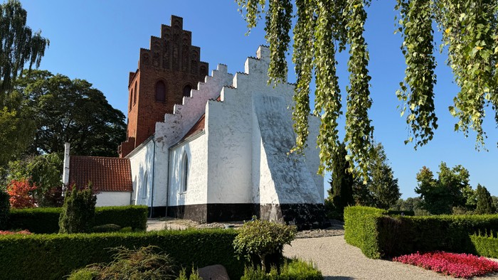 Det er et gammelt, blåmalet hus med røde tag og en have med grønne buske og røde blomster.