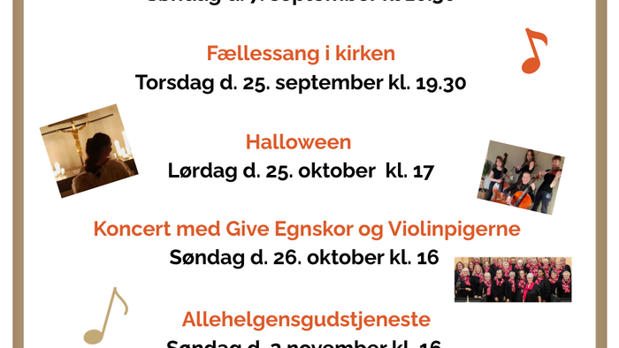 Liste med de forskellige arrangementer i kirken i efteråret 2025