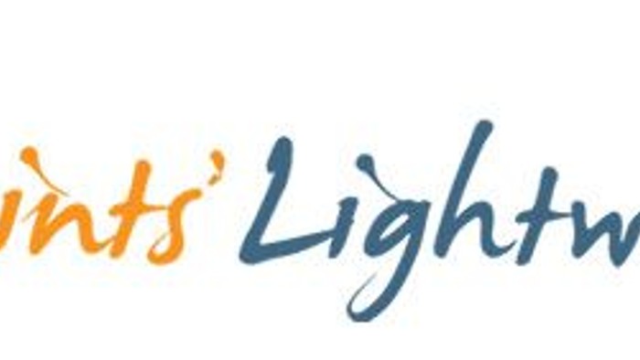 The logo features stylized text 'All Saints' Lightwater' with a playful font and a small graphic of a person carrying a lightbulb.