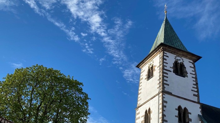 Weißer Kirchturm mit grüner Spitze und goldener Wetterfahne vor blauem Himmel und Bäumen