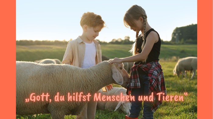 Foto von zwei Kindern, die Schafe streicheln. Darüber das der Veranstaltung