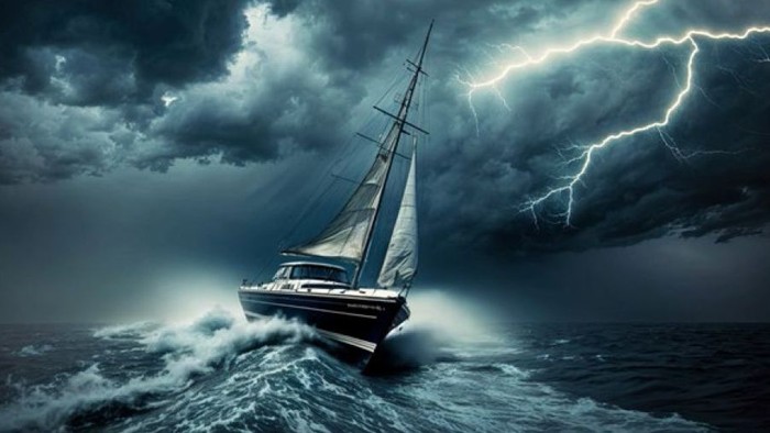 Segelboot in stürmischer See. Blitze am bewölkten Himmel.
