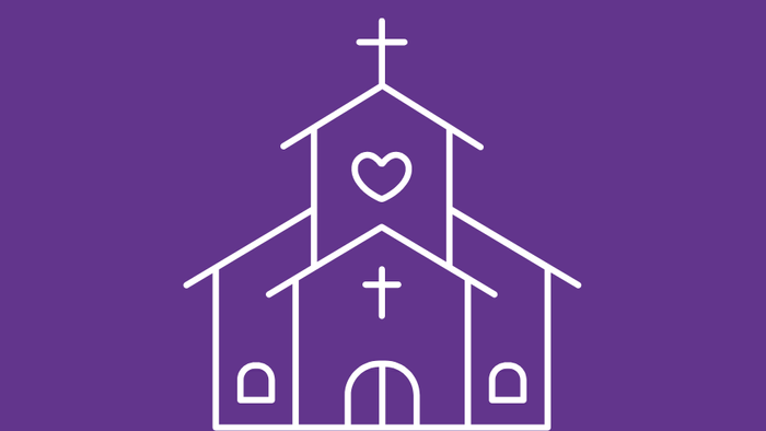 Grafik: ein Kirchengebäude mit Türen und Fenstern, Kreuz und einem Herzen im Kirchturm.