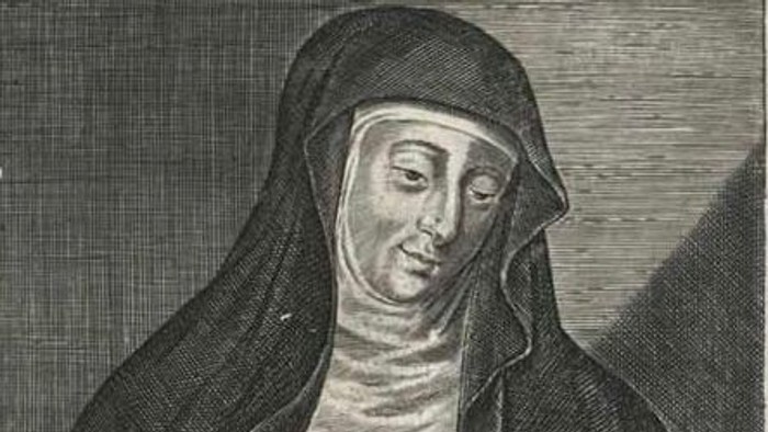 Zeichnung von Kopf und Oberkörper einer betenden Nonne, die Hildegard von Bingen darstellen soll.