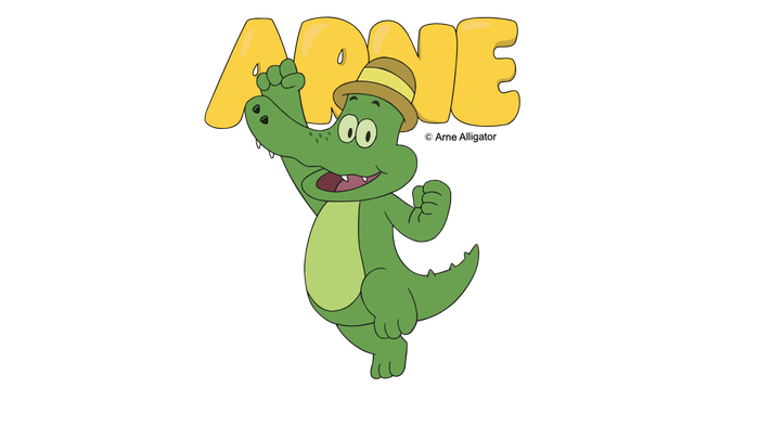 En tegnet krokodille med en hat og navnet Arne skrive over.