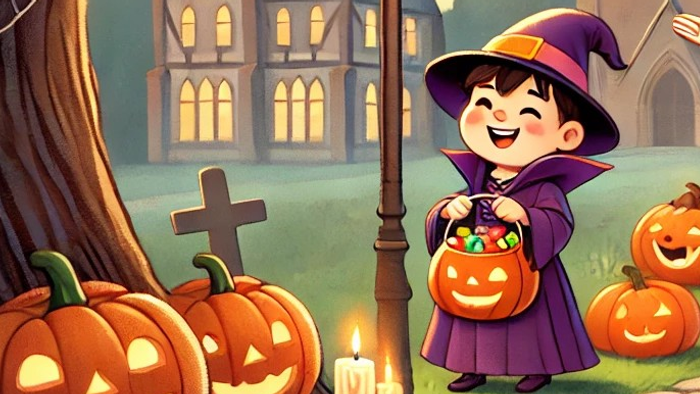 Kinder feiern Halloween vor Martin Luthers Haus mit Kürbissen und Kostümen