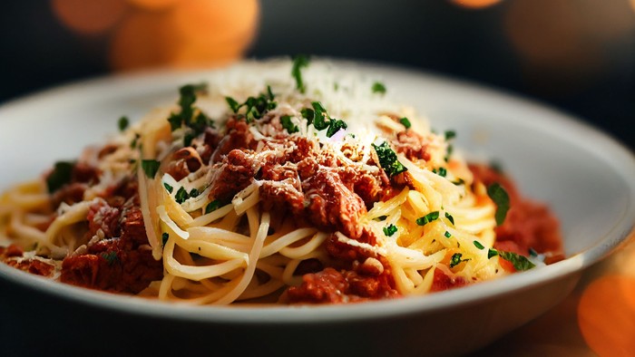 Tallerken med spaghetti og kødsovs pyntet med revet ost og persille