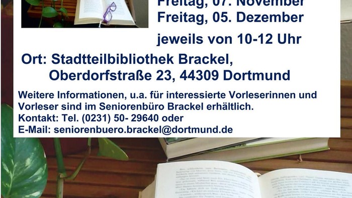 Das Café Leselust 60 plus findet an verschiedenen Freitagen statt, u.a. am 04. Juli und 05. Dezember, im Stadtteilbibliothek Brackel, Oberdorfstraße 23, 44309 Dortmund