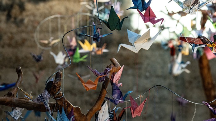 Gefaltete Kraniche hängen an einem Baum, im Sonnenlicht.