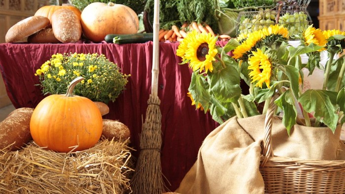 Herbstliche Dekoration mit Kürbissen, Blumen und Stroh