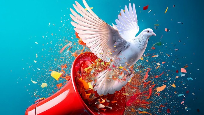Weiße Taube fliegt aus rotem Megafon, Konfetti umher, "Sag's weiter!" und "www.friedensdekade.de"