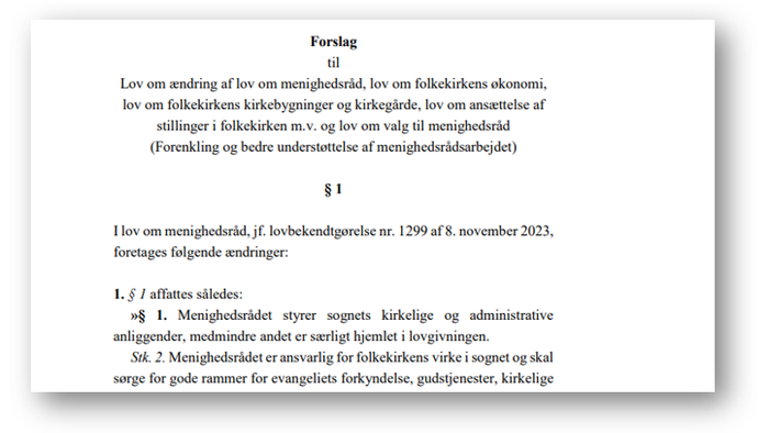 Indhold af lov om menighedsrad og forordning, prisføring og forordning om menighedsradsartikler
