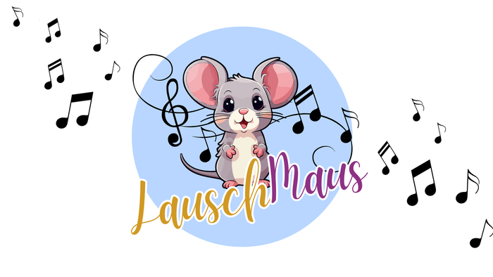 Das Bild zeigt das Logo der LauschMaus - eine gezeichnete Maus mit großen Ohren und von Noten umgeben.