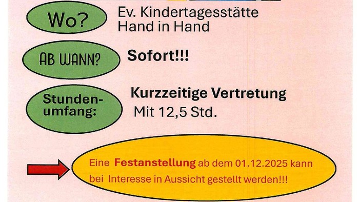 Wir suchen ab sofort eine Vertretung mit 12,5 Wochenstunden für unsere KiTa Hand in Hand.