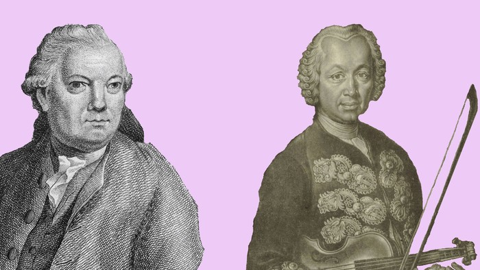 Historische Stiche von Franz und Georg Benda vor violettem Hintergrund