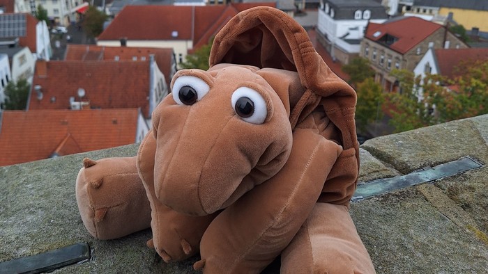 Chili (die Handpuppe) sitzt oben auf der Umrandung und schaut vom Kirchturm auf die Stadt