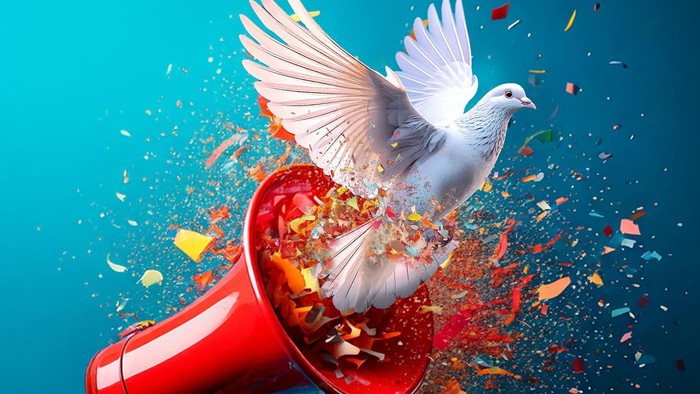 Weiße Taube fliegt aus rotem Megafon, Konfetti umher, "Sag's weiter!" und "www.friedensdekade.de"