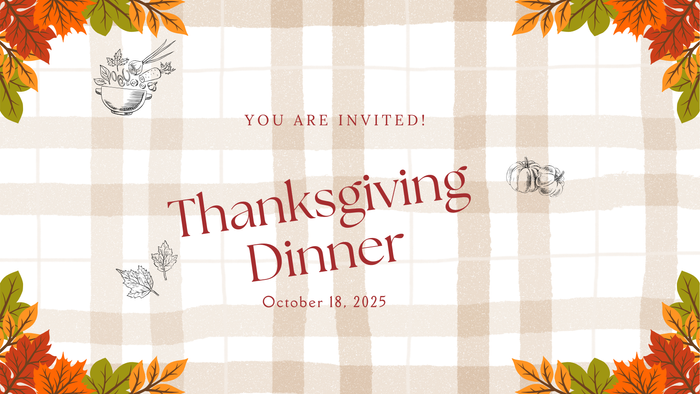 Thanksgiving dinner invitation with autumn leaves and checkered background