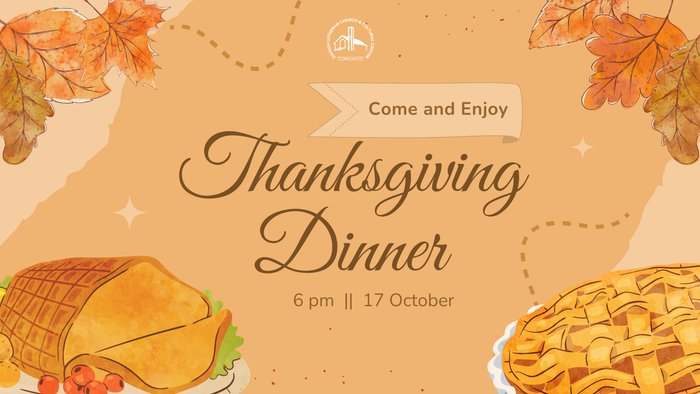 Inviting Thanksgiving Dinner flyer featuring roasted turkey, pies, and autumn leaves with event details.