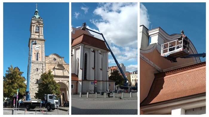 Eine Bildercollage, auf der zu sehen ist, wie Reparaturarbeiten mit einem Hubsteiger an der Georgenkirche durchgeführt werden.