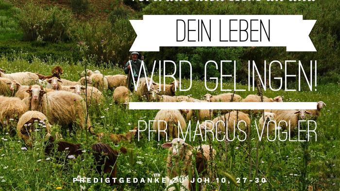 Das Bild zeigt eine ländliche Idylle mit Schafen und ein religiöses Zitat auf Deutsch.