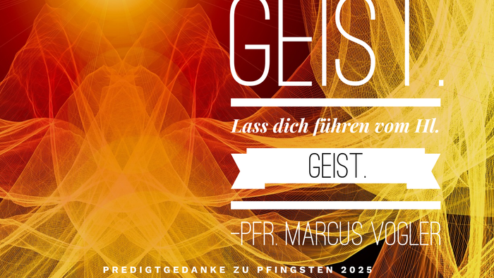 Das Bild zeigt eine weiße Taube, die vor einem farbenfrohen, geometrischen Hintergrund fliegt, zusammen mit einem Zitat auf Deutsch von Pfr. Marcus Vogler.