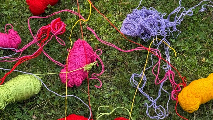 Bunte Wollknäeuel liegen auf dem Rasen, verbunden durch Fäden.