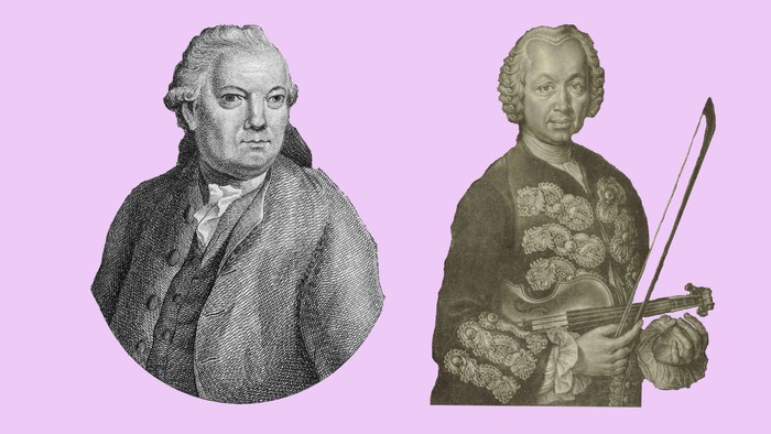 Historische Stiche von Franz und Georg Benda vor violettem Hintergrund