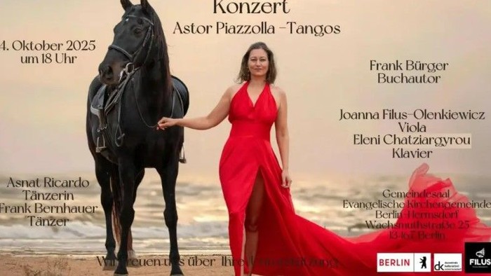 Konzertankündigung mit Astor Piazzolla Tangos, Frank Bürger als Buchautor, Joanna Filus als Violinistin und Eleni Chatzigyrou als Klavierspielerin